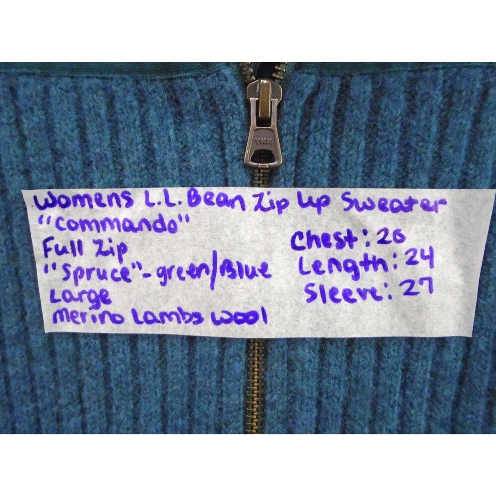 LL Bean Commando Sweater Women Large Full Zip Merino Lambswool Spruce Green Blue - Picture 5 of 10